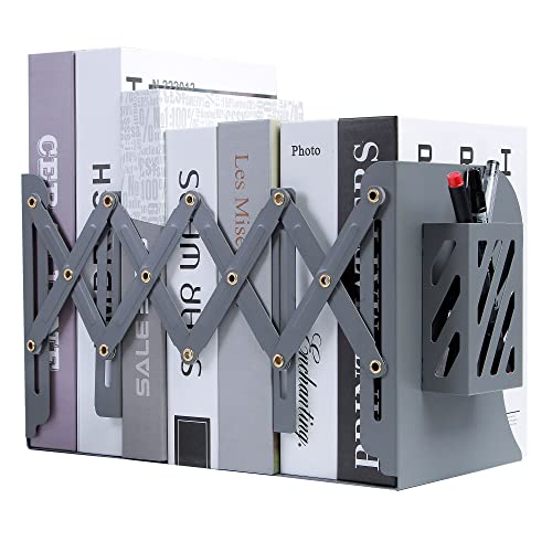 Adjustable Desk Storage Bookends with Pen Stand Holder – 2-in-1 Bookend and Pen Stand – Telescopic Design – Expands Up to 20” – Multipurpose and Versatile – Desktop Accessory