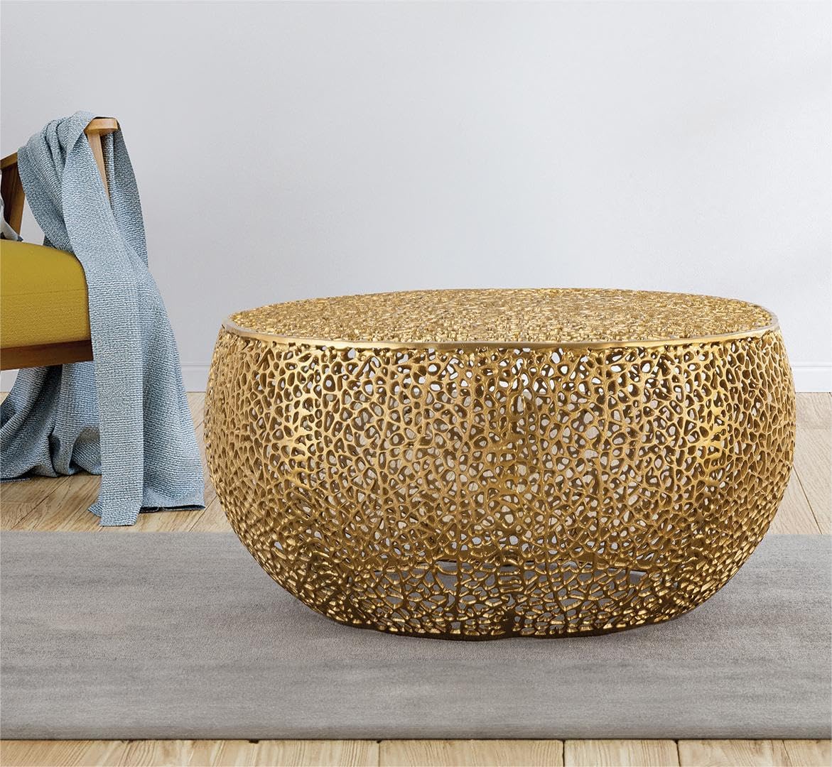 Gold Drum Coffee Table - Glam Coffee Table with Abstract Mesh Pattern and Curved Structure, Unique Coffee Table with Metal Frame, Gold Coffee Tables for Living Room