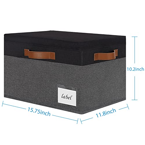 Large Storage Bins with Lids, Foldable Fabric Storage Baskets with Lids, Sturdy Storage Boxes with Labels and 3 PU Handles for Closet Home Bedroom Office (26L, 3 Packs, Grey&White)