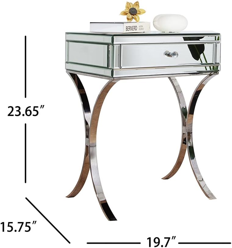 SHYFOY Mirrored Nightstand with Drawer, Silver Bed Side Table/Night Stand, Mirror Finished Metal X-leg Side Table, Modern Accent Bedside Table for Bedroom Living Room