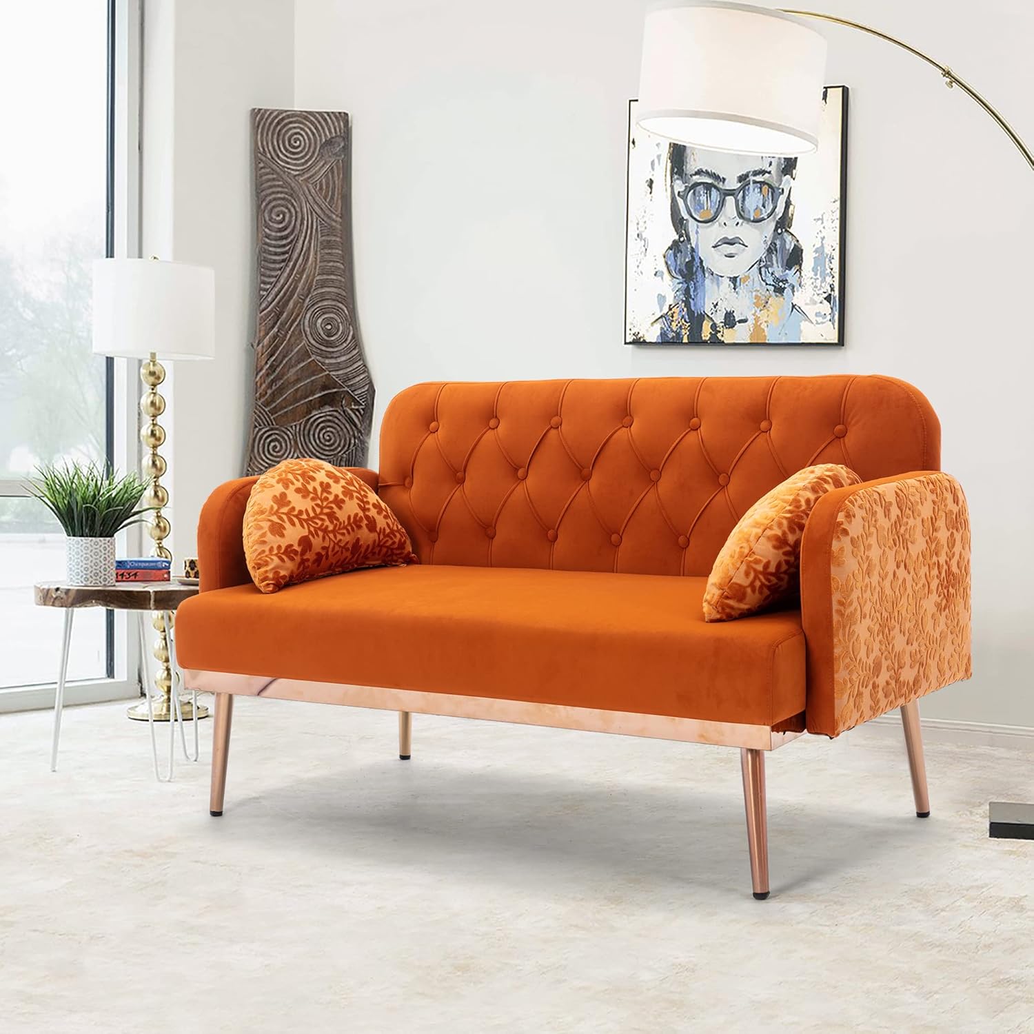 KUIKUI Upholstered Modern Love Seats Sofa, Velvet Small Couch for Small Spaces, Comfy Couch with Metal Feet for Living Room & Apartment, Orange