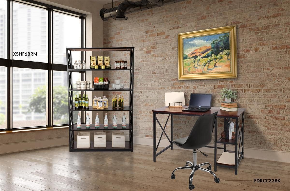 Displays2go Industrial-Style Desk, Two Shelves, Steel X Sides - Dark Wood Tone (FDXDESKBRN)