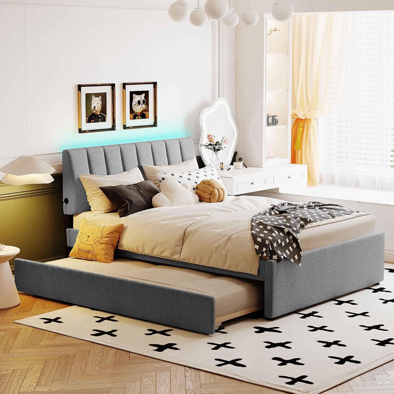 Full Size Upholstered Platform Bed with Trundle & Two Drawers, Solid Wood Bedframe w/Led Light, No Box Spring Needed, for Dorm, Bedroom, Guest Room, Gray