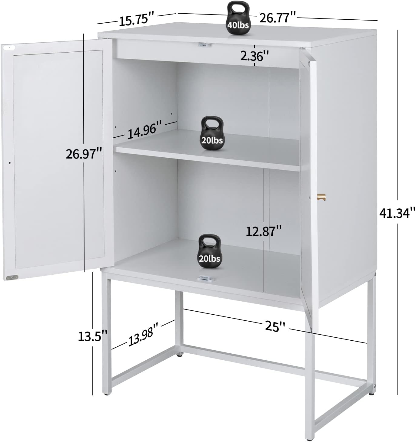 Rophefx High Cabinet with 2 Curved Rattan Doors, 2-Tier Storage Cabinet with Metal Base, Cupboard with Built-in Adjustable Shelf, Wooden Free Standing Cabinet for Living Room Dining Room, White