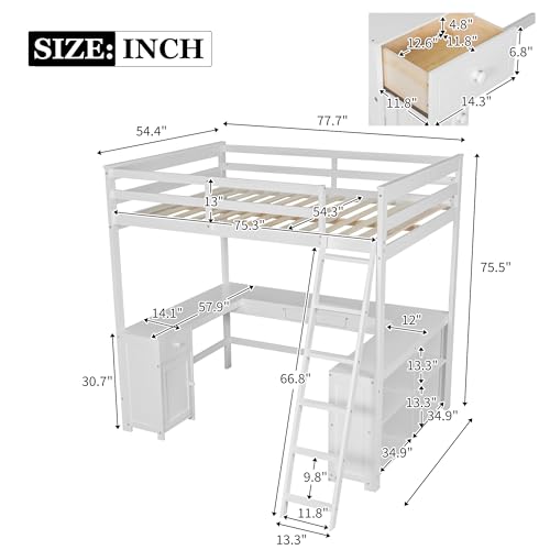 Merax Full Size Loft Bed, Wood Full Loft Bed Frame with U-shaped Desk, Cabinet, Drawers and Storage Shelves, Antique Brown