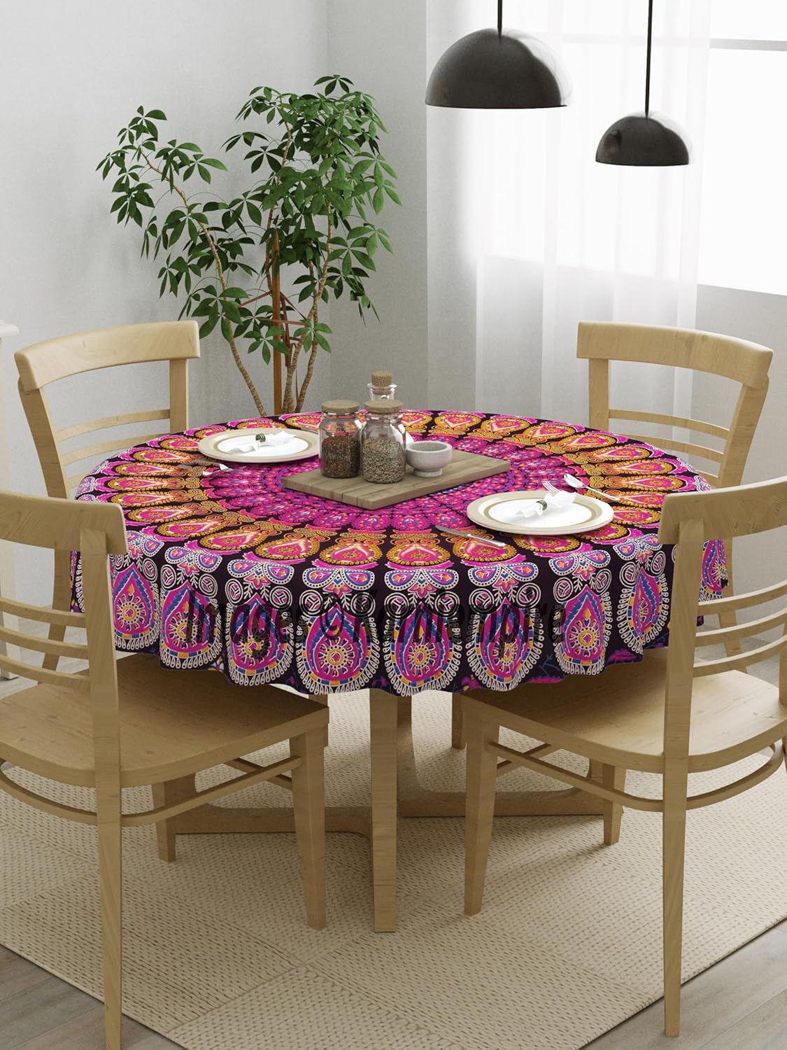Mandala Round Pink Color Tablecloth 50 Inch Bohemian Table Cloth Tabletop Cover Decorative Mat Bho Tableclothes For Picnic Party Indoor Outdoor 50 Inches