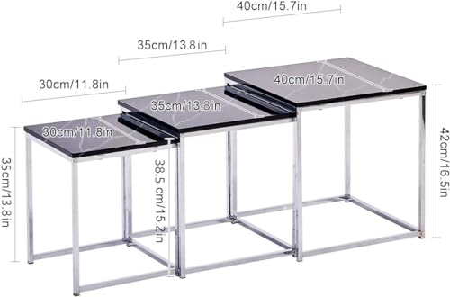 Nesting Coffee Table Set of 3,Rectangular Square Center Cocktail Table Modern,Accent Table Plant Stand Side Table for Living Room Bedroom,Faux Marble Gloss White Small Contemporary Chrome Leg