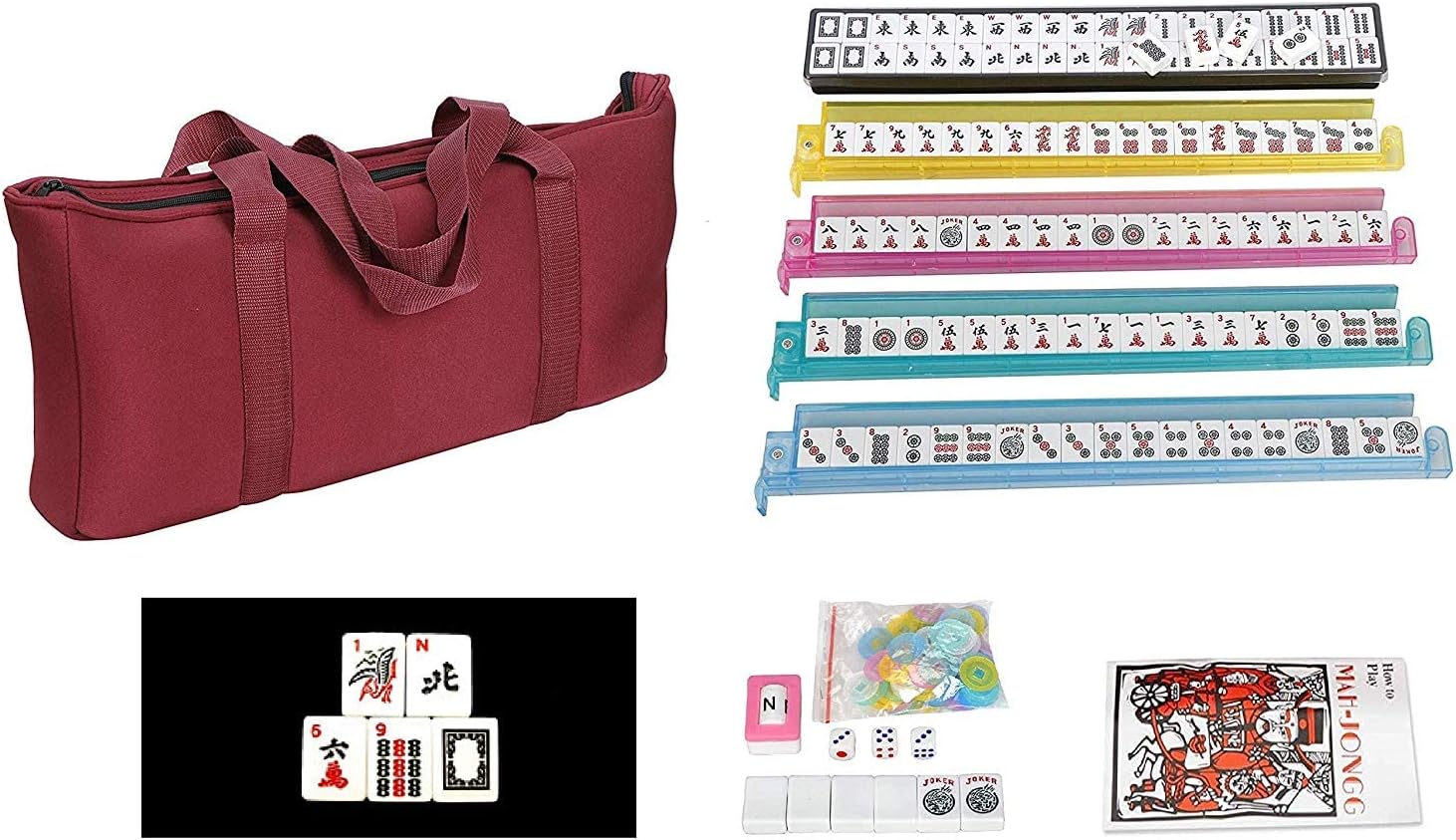 American Mahjong Set - Red Burgundy Soft Bag - 166 White Engraved Tiles, 4 All-in-One Rack/Pushers Western Mah Jongg Game Set