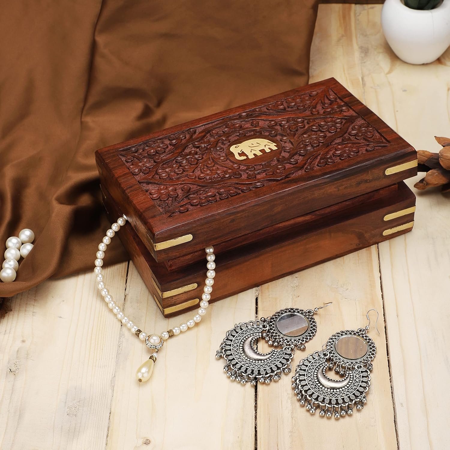 Ajuny Handcrafted Decorative Wooden Jewelry Box Elephant Embossed Design Solid Multipurpose Keepsake Storage Travel Organizer Treasure Chest Trinket Holder Great Gifts 8x5 Inch