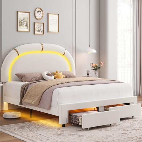 Keyluv Queen Upholstered LED Bed Frame with 2 Storage Drawers and Adjustable Semicircle Headboard, Smart Platform Bed Frame with Golden Trim, Wooden Slats Support, Box Spring Optional, Velvet, Beige