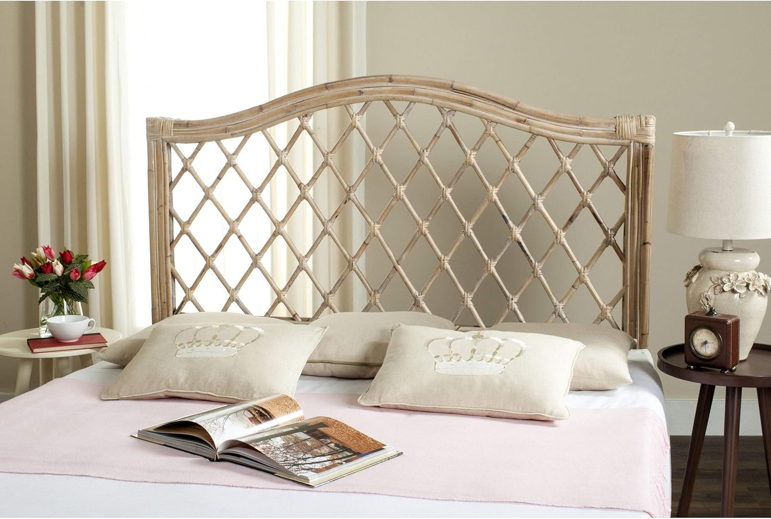 White Washed Rattan Wicker Trellis Headboard (Queen) Bohemian Eclectic French Country Nautical Coastal Shabby Chic Southwestern Wicker-Rattan Wood Natural Finish Adjustable Height