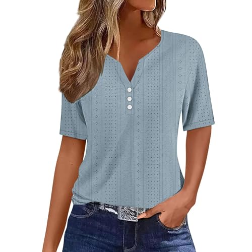 Shirts for Women Trendy Summer Eyelet Embroidery Tops Button Down V Neck Blosues Casual Short Sleeve Tunic