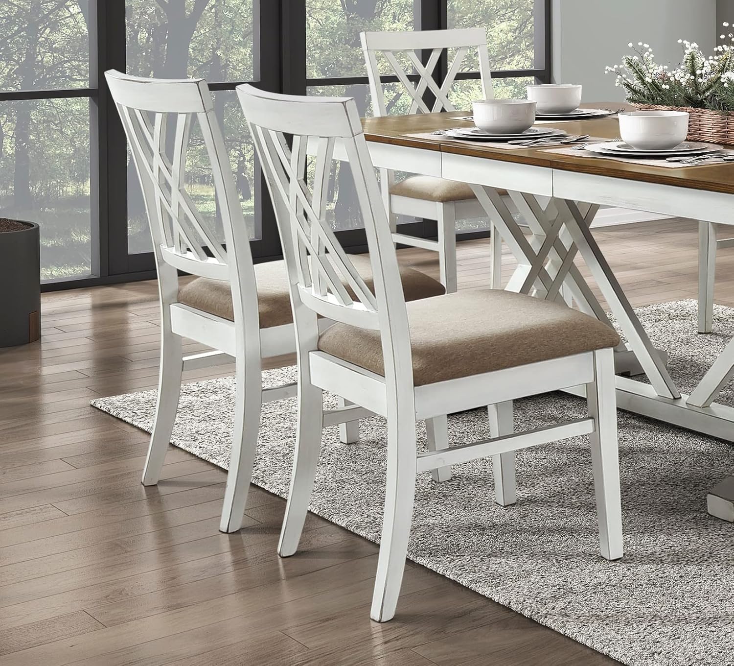 Modern Style White and Oak Finish 5pc Dining Set Table w Extension Leaf 4X Side Chairs Upholstered Seat Charming Traditional Dining Room Furniture
