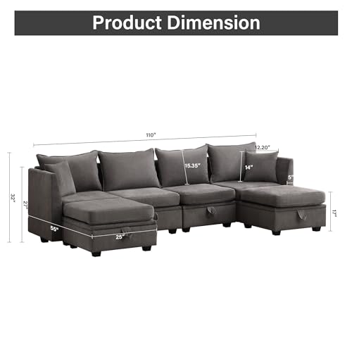 Modular Sectional Sofa, Convertible U Shaped Sofa Couch with Storage, 6 Seat Sleeper Sectional Sofa Set, Flexible Modular Combinations Fabric Couch for Living Room (Grey)