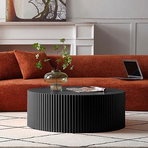 SSLine Modern White Drum-Shape Coffee Table with Handcrafted Relief Design Contemporary Round Cocktail Table Creative Center Table for Living Room Apartment (No Assembly-35.43