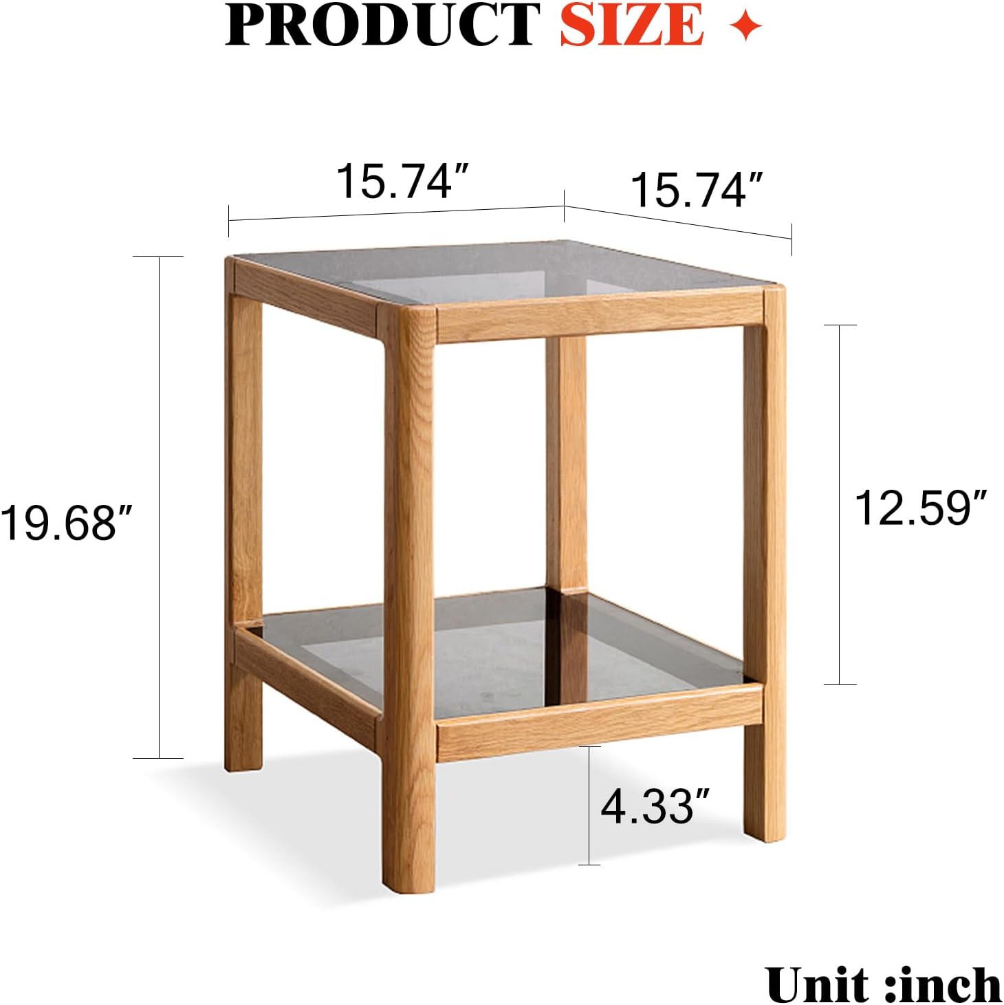 Square Glass Side Table with Solid Wood, 2-Layer Glass Modern End Table Night Stand Sofa Table for Living Room Bedroom