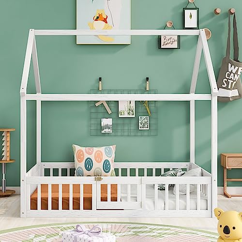 Storage Bed with Fence and Door, Wood Platform Bed with Wood Slat Support, Platform Bed, Easy Assembly(White,Full)