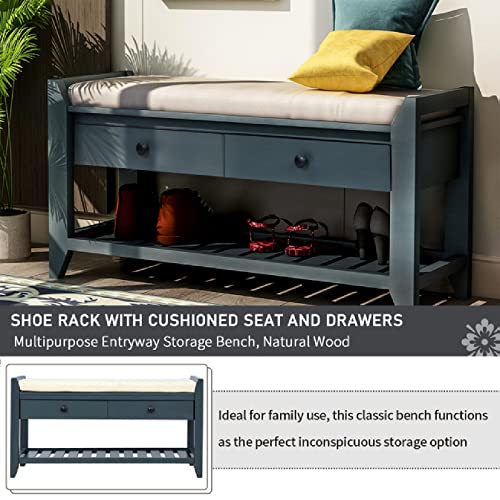 Shoe Rack Home Shoe Changing Stool Storage Bench 2-Tier Shoe Storage Organizer Shelf, with 2 Drawers &Mesh Shelf for Living Room, for Hallway, Entryway, Mudroom and Living Room Furniture,Antique Navy