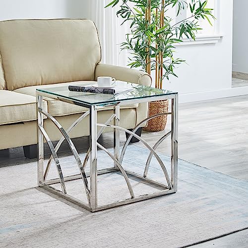 Square Glass End Table Transparent Glass Top - Sleek Stainless Steel Frame Modern Silver Nightstand Glass Side Table for Living Room, Bedroom