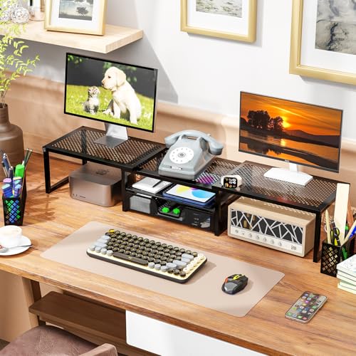 Simple Trending Dual Metal Monitor Stand Riser for 2 Monitors,Adjustable Angle Computer Desk Organizer with Drawer and Pen Holder for Laptop, Computer, iMac, Black