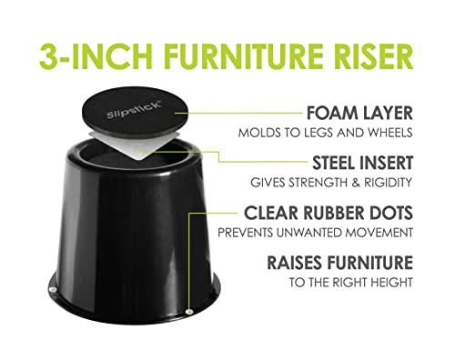 Slipstick CB672 Premium 3 Inch Bed Risers/Furniture Raisers with Steel Reinforced Holder Top, Lifts Height 3