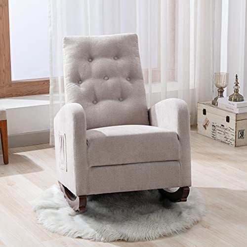 Modern Accent Rocking Chair, Baby Room Fabric Nursery Chair,Lounge Armchair with Side Storage Pocket, Upholstered Rocking Chair, High Back Armchair for Living Room/Bedroom/Office (Mint Green)