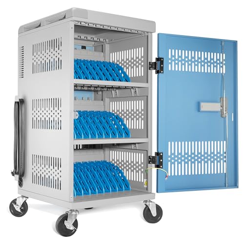 Fully Assembled 30 Bay Mobile Charging and Storage Cart for iPad,Chromebook and Laptop Computer with Keypad Lock,Up to 14-inch Screen Size,Surge Protection,Front & Back Access Locking Cabinet