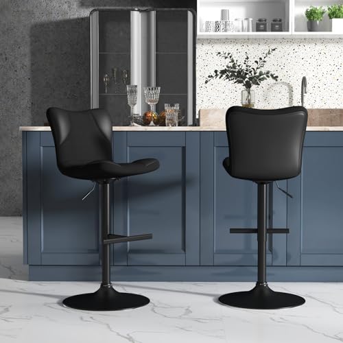 Swivel Bar Stools Set of 2, Adjustable Counter Height Bar Stools with High Back, Modern Kitchen Island Chairs, Upholstered Armless Mesh Barstool for Home Bar, Cafe, Kitchen, Dining (Black)