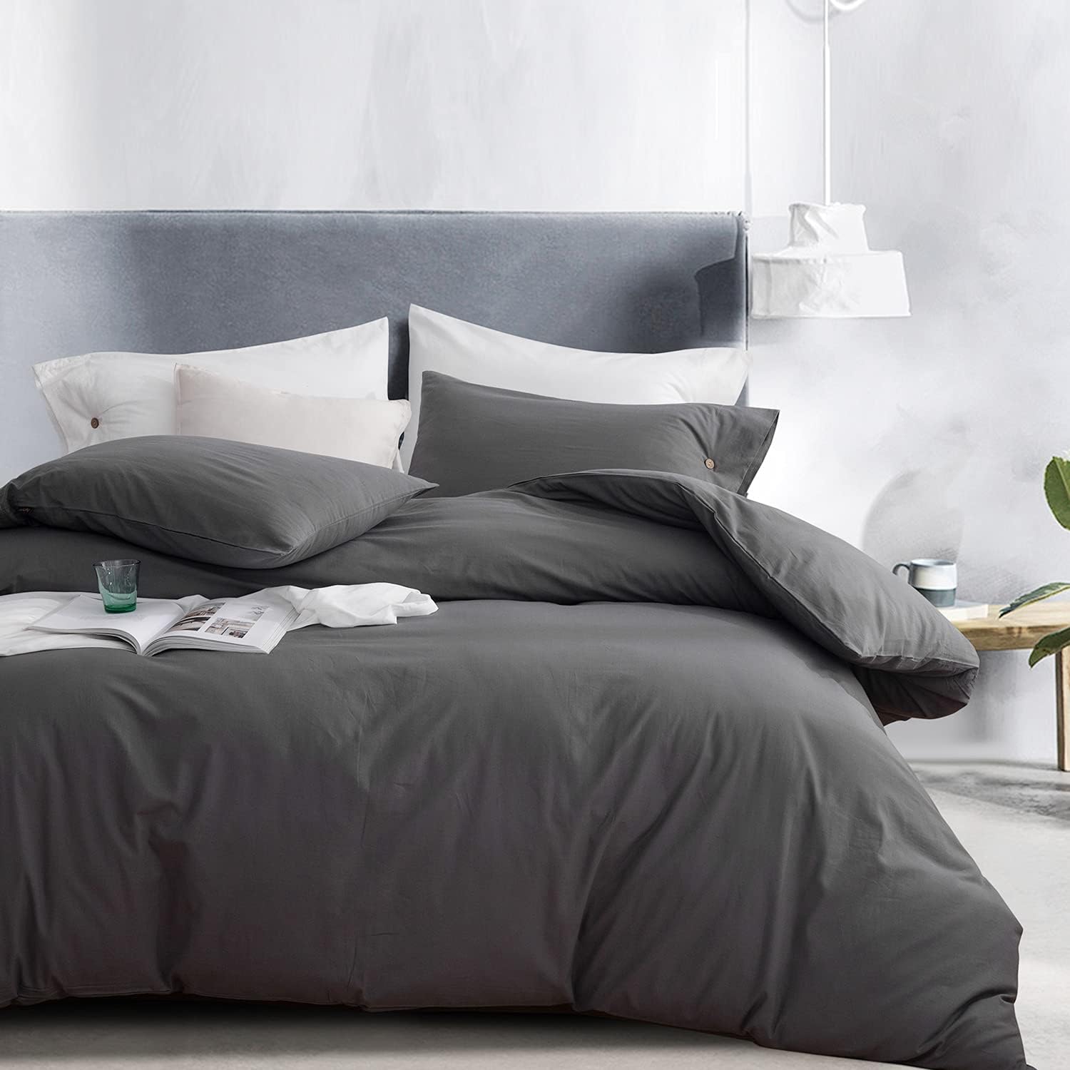 MILDLY Grey 100% Washed Cotton Duvet Cover Queen, Breathable Durable Solid Color Pattern Queen Duvet Cover Cotton with Zipper Closure, Ultra Soft Comforter Cover Set 3 Pieces-Queen