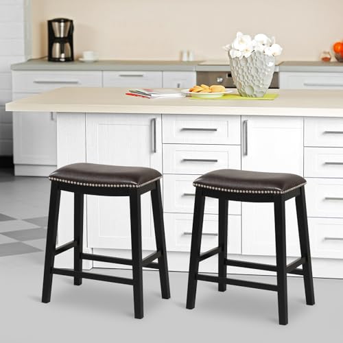 COSTWAY Saddle Stools Set of 2, 26-inch Height Upholstered Leather Backless Bar Stools with Decorative Rivets, Footrests, Solid Frame, Wooden Counter Stools for Kitchen Island Dining Room, Grey+White