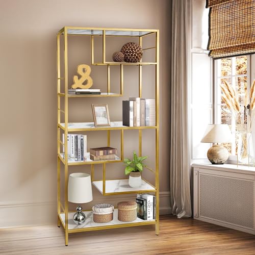 AT-VALY 6 Tier Bookcase Bookshelf, 72.4”Tall Modern Freestanding Bookshelf with 6 Shelves, Faux Marble Open Display Storage Book Shelves for Living Room Bedroom Home Office (Gold)