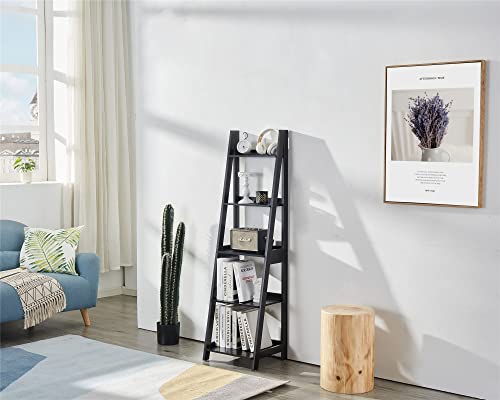 5 Tier Bookshelf Storage Ladder Shelf Flower Stand, Easy to Assemble, Real Wood HLLS01B (Black)…