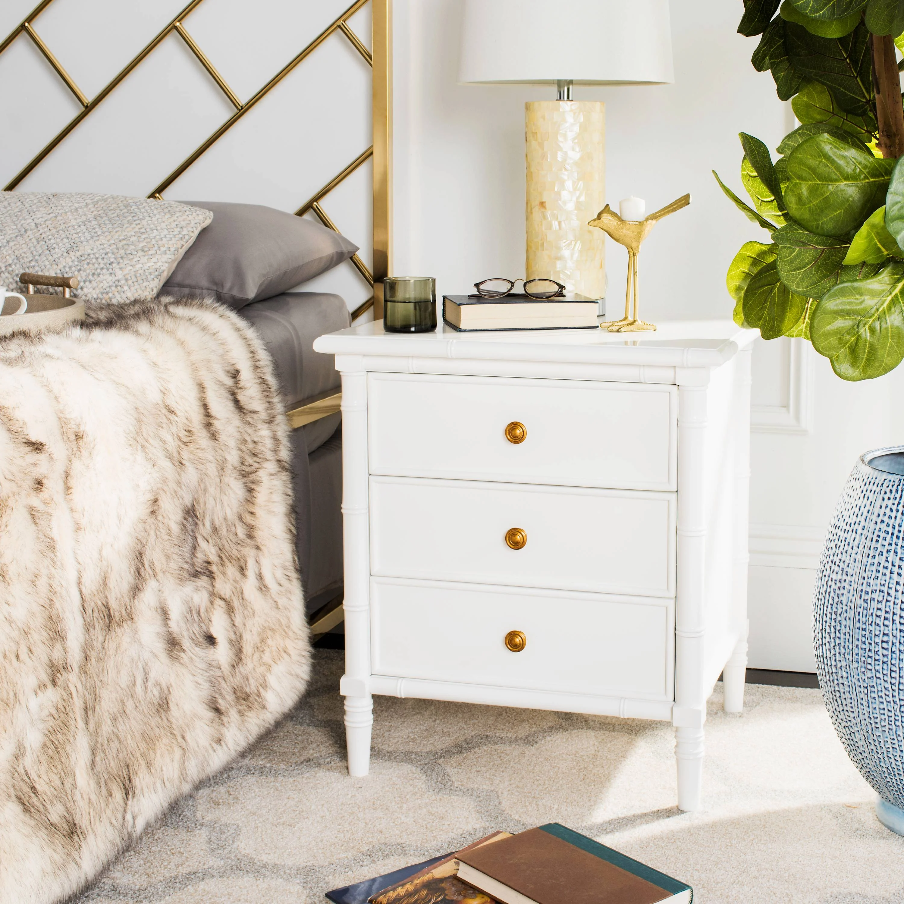 Safavieh Mina 25 in. 3 - Drawer Modern Coastal Bamboo Nightstand