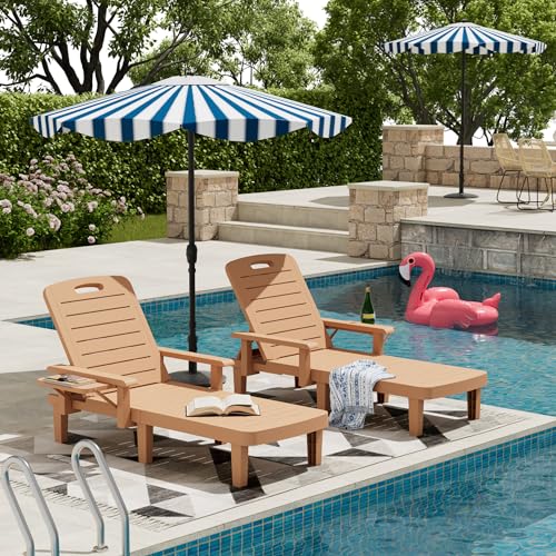 Oversized Outdoor Chaise Lounge Chairs Set of 2, Patio Lounge Chair with Adjustable Backrest, Pool Chaise Lounge with Cup Holder, Resin Chair for Poolside, Beach, Garden and Yard - Wood Grain