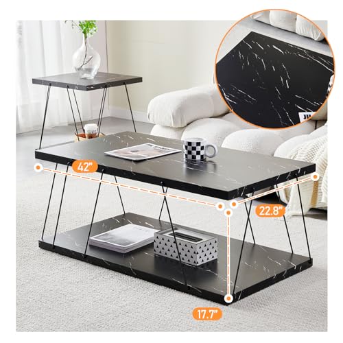 Wooden Coffee Table - Modern Marble Coffee Table， Contemporary, Stylish, High-End Furnishing for Your Living Room (Black Marble, Square)