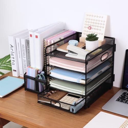 EOOUT Mesh Desk Organizer with File Holder, Rose Gold Desk Accessories, 5-Tier Paper Letter Tray Organizer with Magazine Holder, Desktop Organizer and Storage with Drawer(Rose Gold)