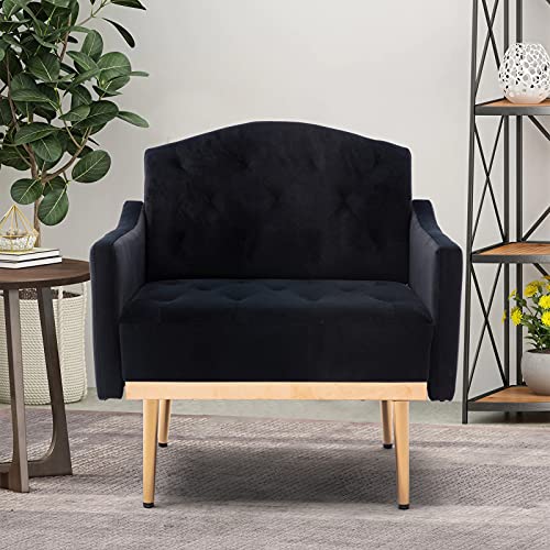 SLEERWAY Modern Velvet Single Sofa Chair, Upholstered Accent Living Room Chair, Comfy Armchair with Rose Golden Metal Legs, Tufted Chair for Reading or Lounging, Black (Curved Backrest)
