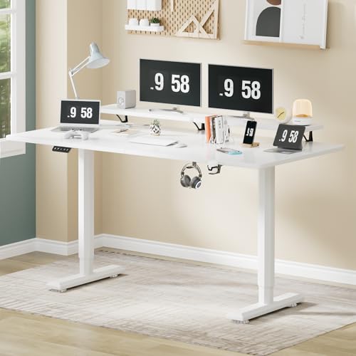 YESHOMY Electric Standing Desk with Monitor Shelf, 47 x 24 Inches Height Adjustable Corner Table, Computer Workstation with Cup Holder and Hook for Home Office, White