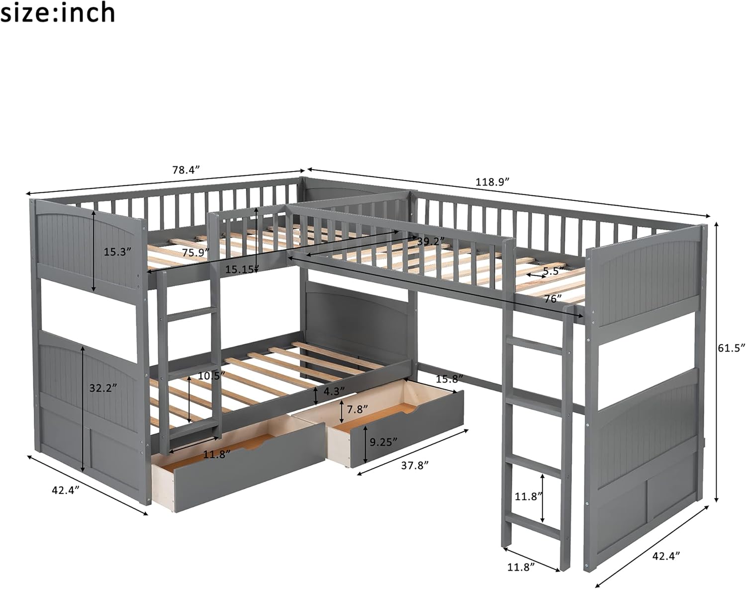 Merax L-Shaped Solid Wood Bunk Bed, Twin Over Twin Over Twin Bed with 2 Drawers and 2 Ladders, Twin Size Bunk Bed with a Loft Bed Attached, Grey