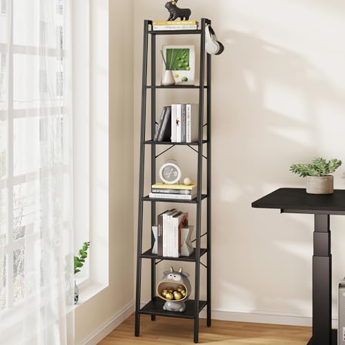Ladder Shelf, Bookshelf Bookcase, Freestanding Corner Storage Shelve with 2 Hooks for Home Office, Living Room, Kitchen, Bedroom, Industrial, 5-Tier Rustic Brown BC19201B