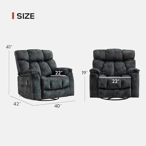 Massage Rocker Recliner with Heat and Vibration, 360 Degree Swivel Manual Recliner, Soft Padded Headrest and Armrest, Overstuffed Reclining Single Sofa for Living Room Furniture, Grey