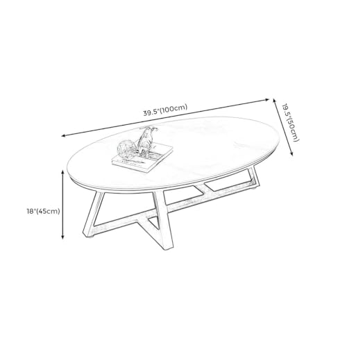 KWOKING Faux Marble and Stone Coffee Table Cross Legs Cocktail Table Nordic Slate Oval Coffee Table Living Room Home Marble Coffee Table Grey/ White Table Top Black Table Base 39.5