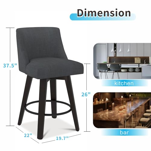 MUUEGM Counter Height Bar Stools Swivel with Back Set of 2, 26In Height Bar Stools with Solid Wood Stand, Fabric Upholstered Counter Height Bar Stool with Thicken Cushion Back, Ivory White