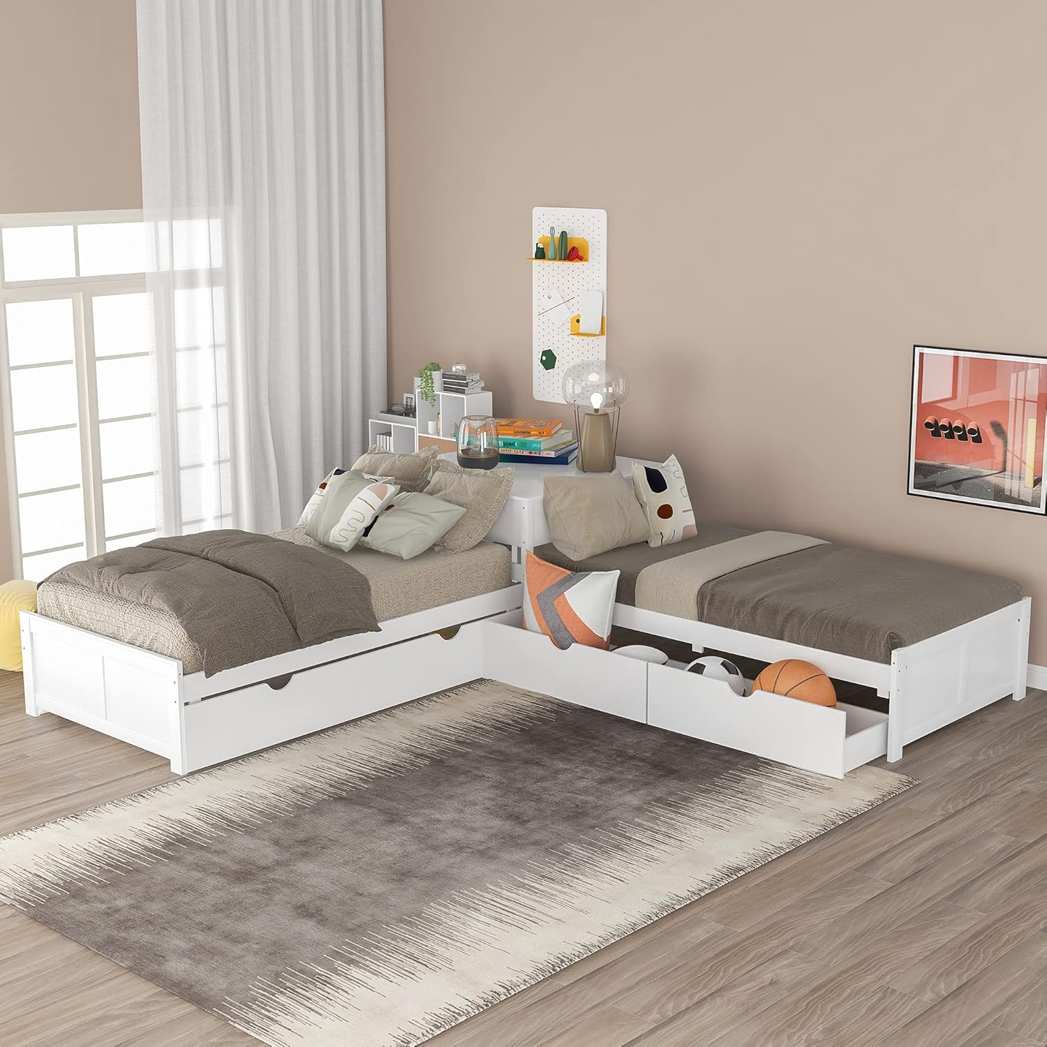 Twin Size L-Shaped Bed with Storage Drawers, Trundle and Corner Table for Kids, White