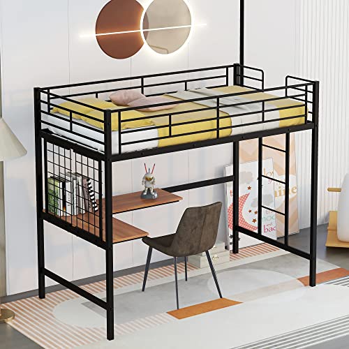 Full Size Mid Metal Loft Gaming Bed with Desk and LED Lights, Modern Steel Loft Bed Frame with Inclined Ladder and Safety Guardrail for Kids Teens Girls Boys, Easy Assemble (Black-08, Full)
