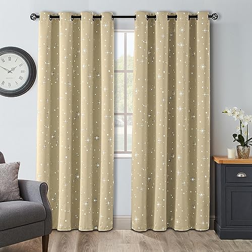 CUCRAF Blackout Curtains 63 Inch Length 2 Panels Set Room Darkening Thermal Insulated Noise Reducing Grommet Drapes with Silver Stars Print for Living Room,52 x 63 Inch,Dark Grey