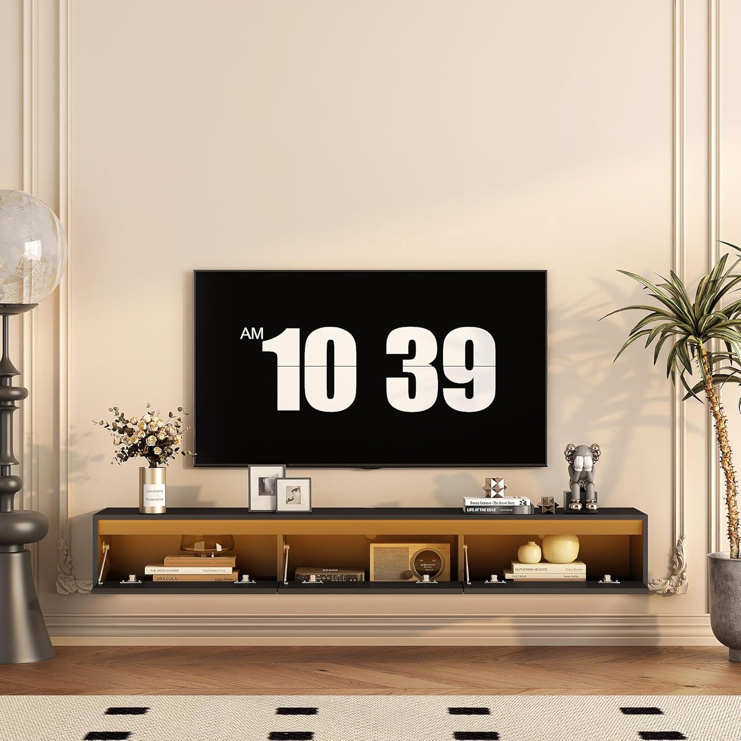 Floating TV Stand Wall Mounted - High Gloss Floating Media Console with Storage Cabinet and Light Strip, Wall Mounted TV Cabinet with Adjustable Door Hinges, TV Stand for 65 Inch TV, Black