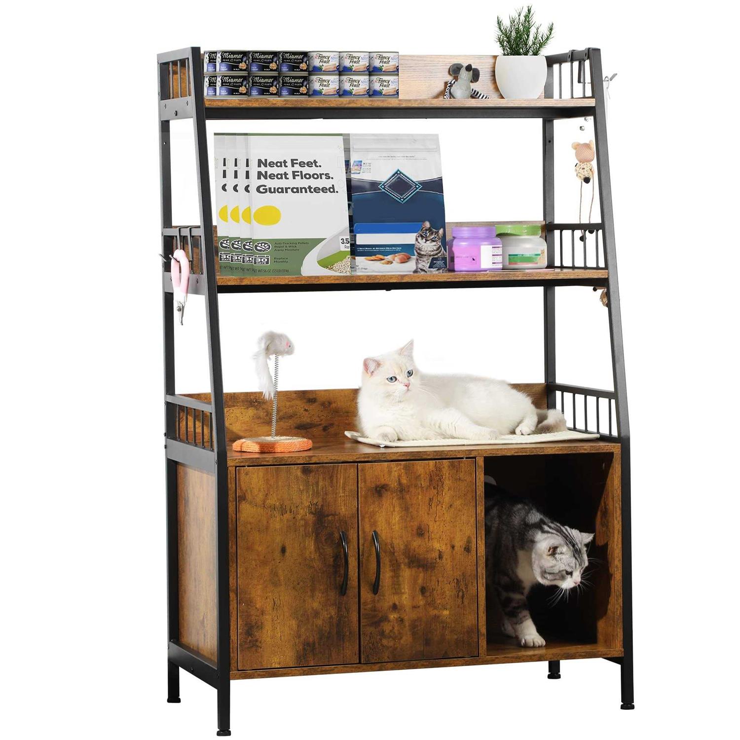 YITAHOME Cat Litter Box Enclosure with Storage Shelves Indoor Large Litter Box Furniture Wooden Hidden Cat Cabinet Washroom - Pet Supplies online store