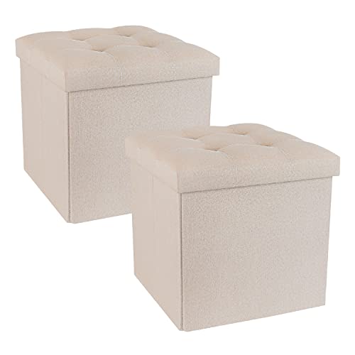 Folding Cube Storage Ottoman with Padded Seat Linen Fabric Footrest Memory Foam 15” x 15” x 15”-2 Packs（Beige）