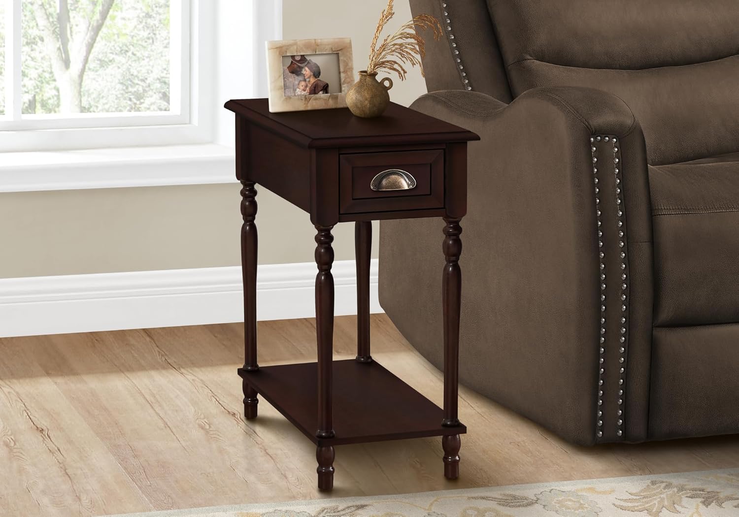 Monarch Specialties 3969 Accent, 2 Tier, Side Table, End, Narrow, Nightstand, Storage Drawer, Brown Table-24 H/Cherry Veneer, 12